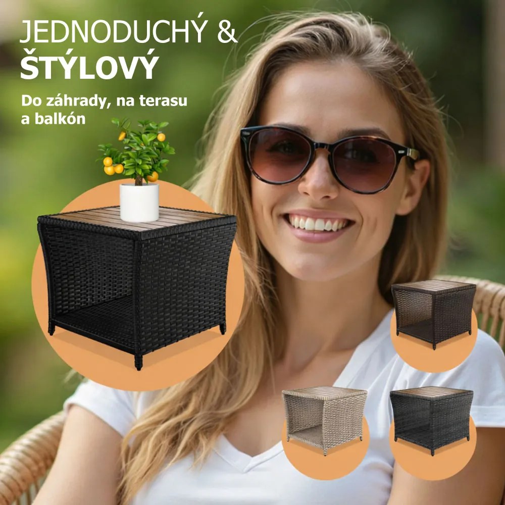 Polyratanový odkladací stolík ROCCO s akáciovým drevom, 40x45x45cm, čierna/hnedá Casaria