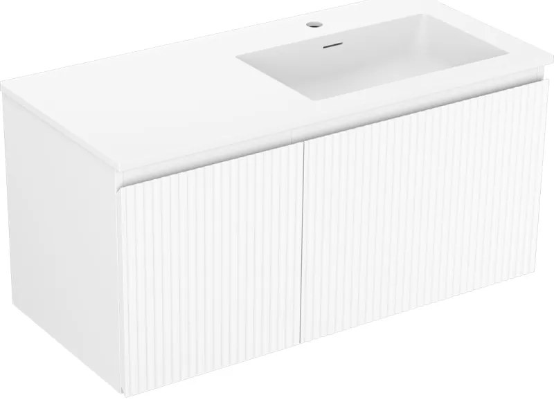 Mexen Rivel, kúpeľňová skrinka 100 cm s pravým umývadlom Otis, 1S, 1D, drážkovaná, biela matná, 91A23-10047-3-BBFF01-W18P01