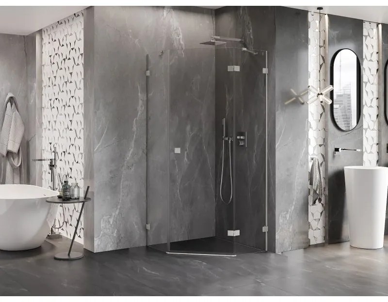 Mexen Lunar, päťuholníkový sprchový kút s pravým sklonom 90 x 90 cm, 8mm číre sklo, oceľový profil, 831-090P-090L-97-00-P