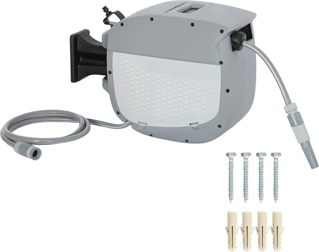 Outsunny navíjací box s hadicou 20 m + 1,9 m, 2-režimová tryska, montáž na stenu, automatické zablokovanie a kontrolované navíjanie, 180° otočný — Aos