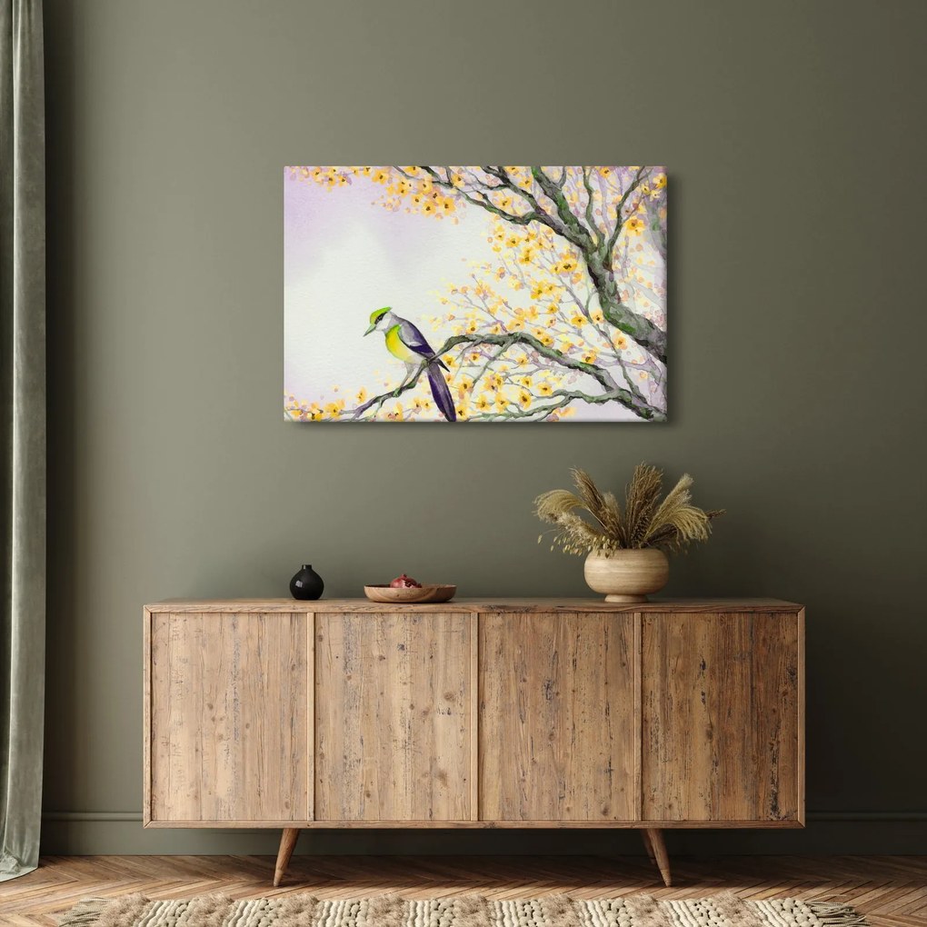 Obraz - Akvarelový vtáčik na strome (90x60 cm)