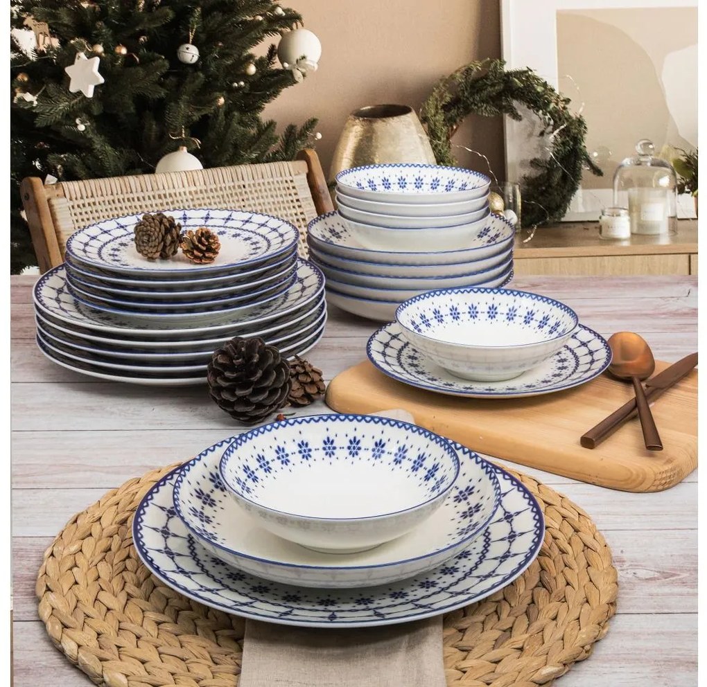 24-dielna jedálenská súprava, biela/modrá, porcelán