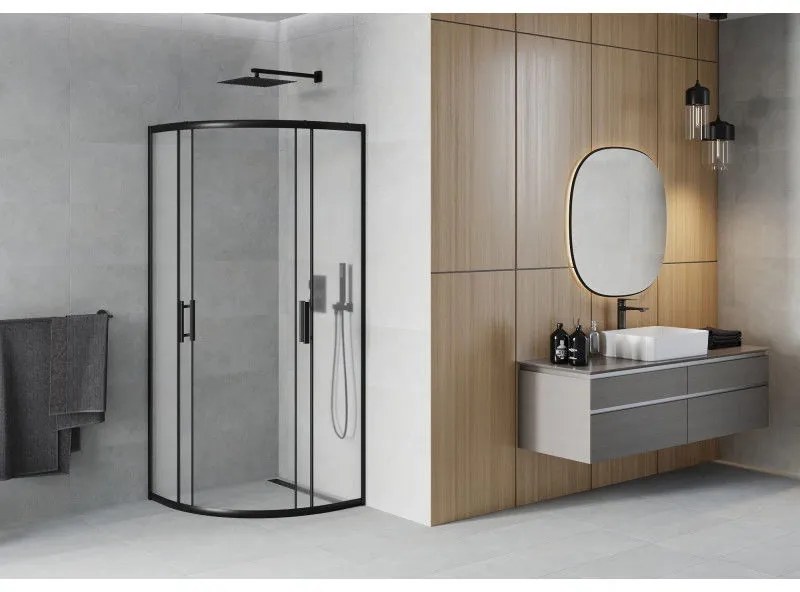 Mexen Rio, štvrťkruhový sprchovací kút s posuvnými dverami 70(dvere) x 70(dvere) x 190 cm, 6mm sklo námraza, čierny profil, 863-070-070-70-30