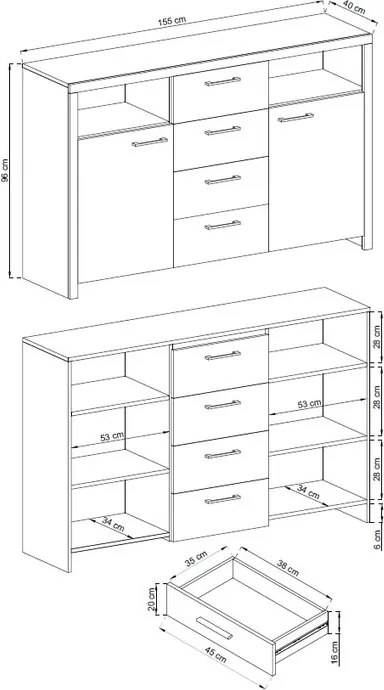 Široká komoda Sky, dub riviera