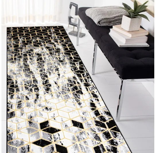 Dywany Łuszczów, Koberec behúň Gloss 409A 82 3D cubes black/gold/grey, 70x200, čierna, obývacia izba