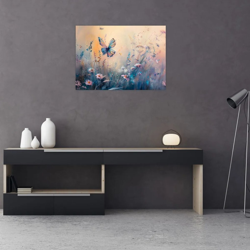 Sklenený obraz - Lúka s motýľom II. (70x50 cm)