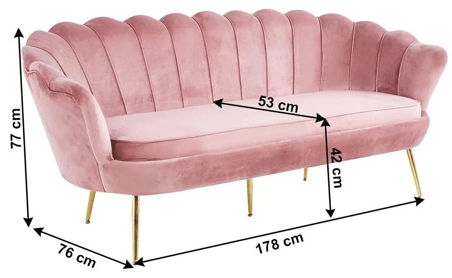 Tempo Kondela Luxusná pohovka, 3-sed, ružová Velvet látka/chróm zlatý, štýl Art-deco, NOBLIN