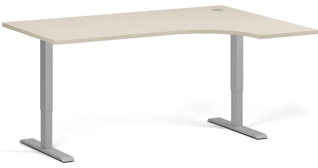 Rohový výškovo nastaviteľný stôl, 160x120 cm, 2 motory, L/P, sivá podnož, breza
