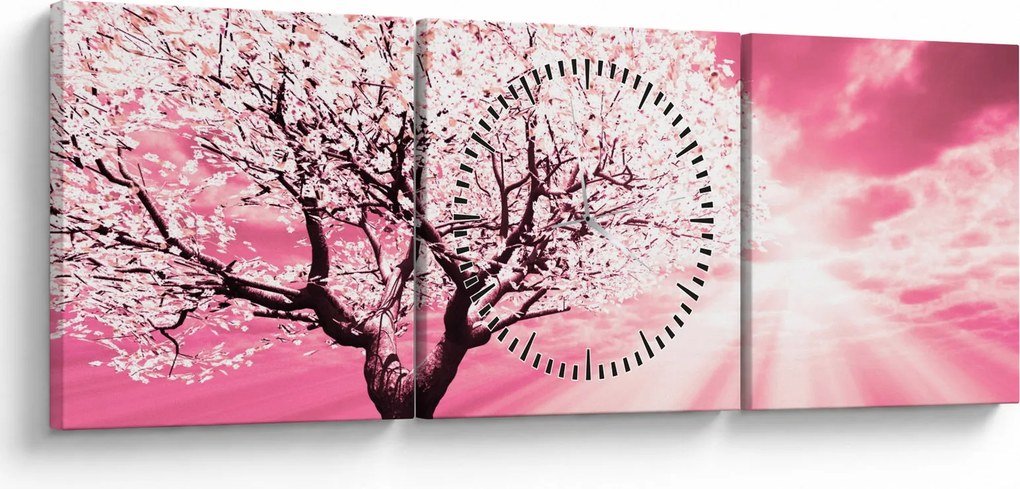 Ružový obraz stromu (s hodinami) (90x30 cm)