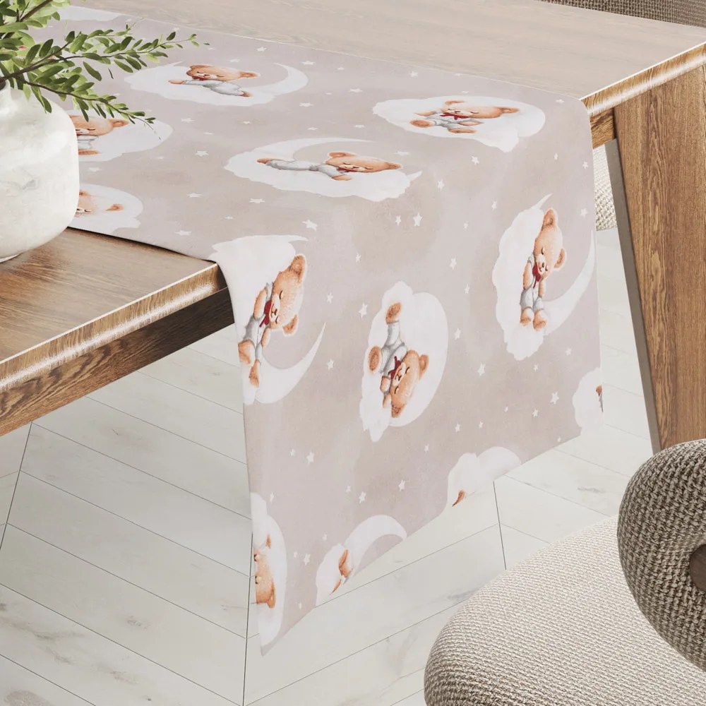 Biante Detský bavlnený behúň na stôl Sandra SA-744 Spiace medvedíky na obláčikoch na sivobéžovom 35x120 cm