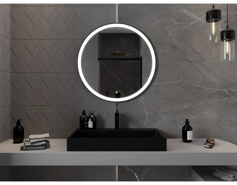 Mexen Esso, okrúhle LED podsvietené kúpeľňové zrkadlo 80 cm, 6000K, vykurovacia podložka proti zahmlievaniu, čierny rám, 9825-080-080-611-70