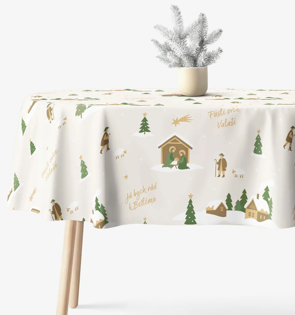Goldea vianočný oválny obrus 100% bavlnené plátno - pásli ovce valaši 140 x 220 cm