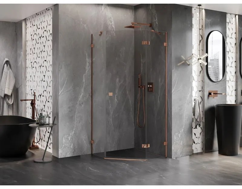 Mexen Lunar, pravý výklopný päťuholníkový sprchový kút 100 x 100 cm, 8mm číre sklo, profil ružové zlato, 831-100P-100L-60-00-P