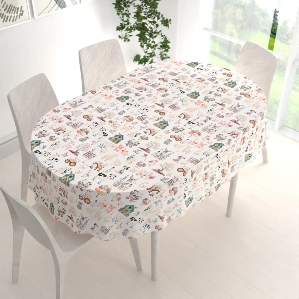 Biante Detský bavlnený oválny obrus Sandra SA-563 Zvieratká na farme na bielom 140x180 cm