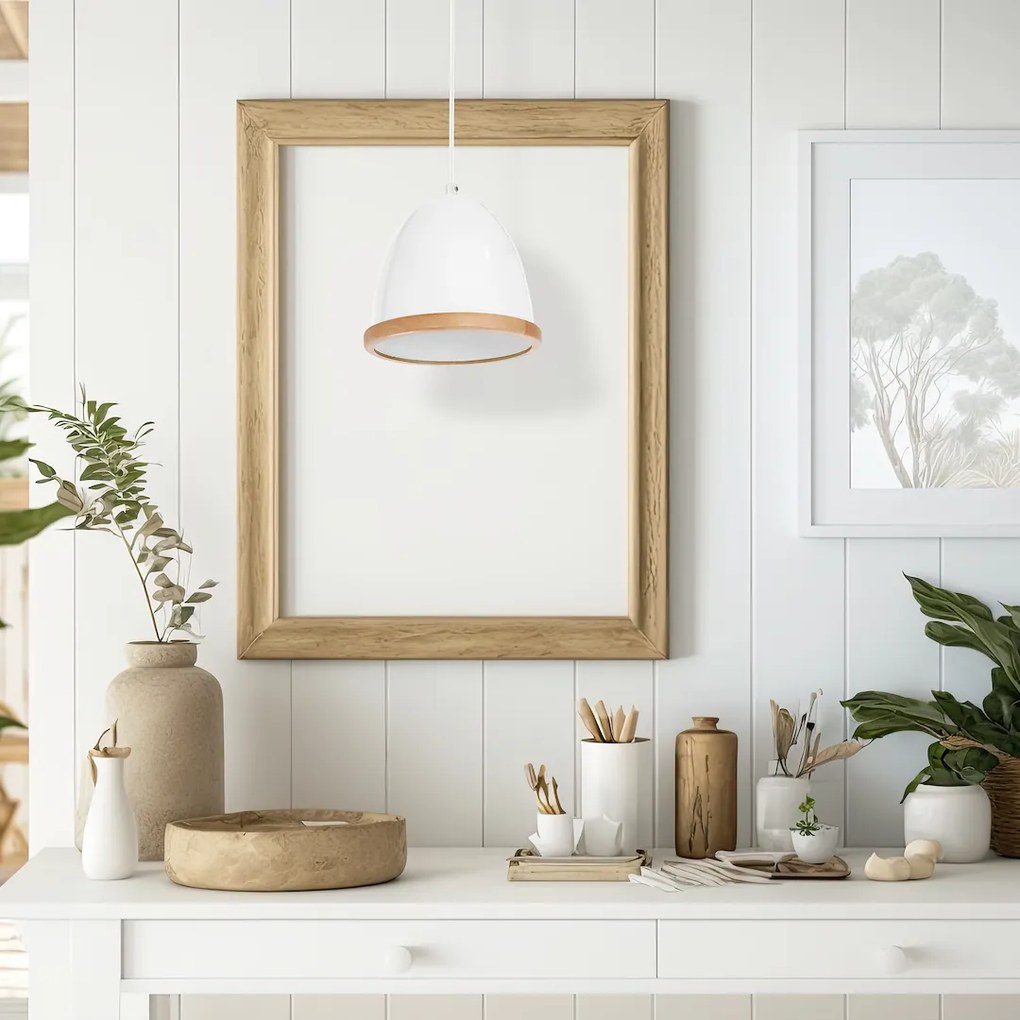 Závesné svietidlo Studio, 1x drevené/biele kovové tienidlo, (fi 21cm), w/br