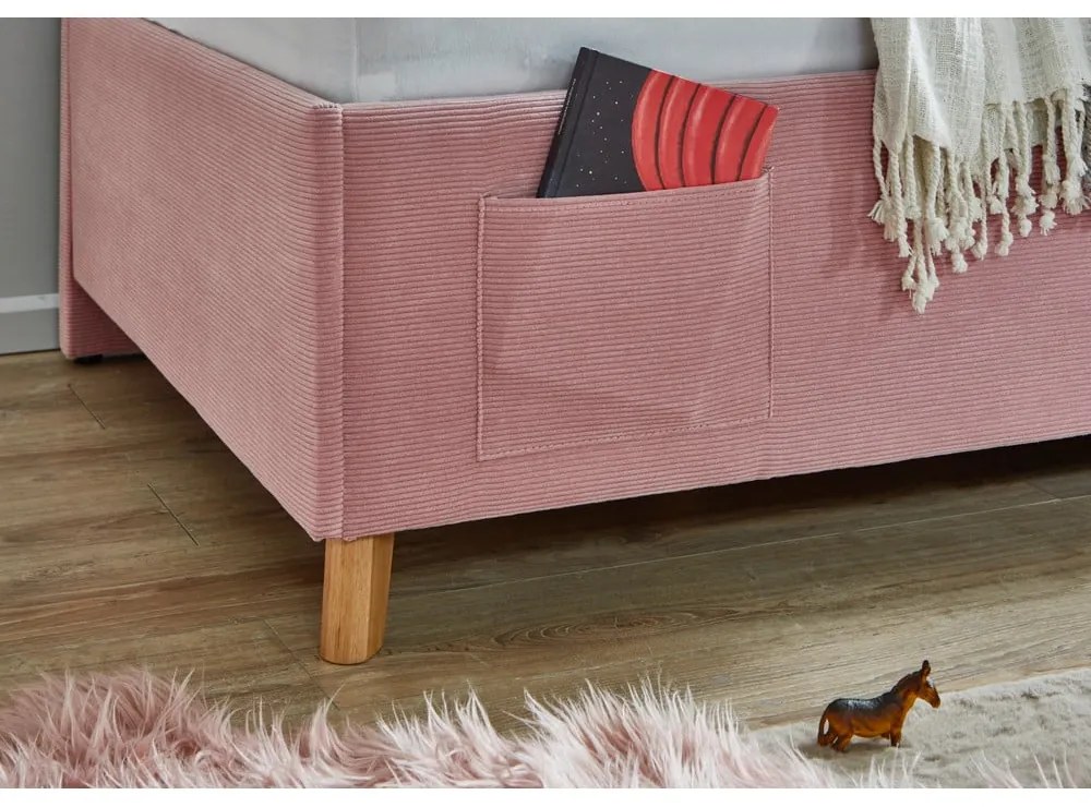 Ružová čalúnená rohová detská posteľ s úložným priestorom s roštom 140x200 cm Cool – Meise Möbel