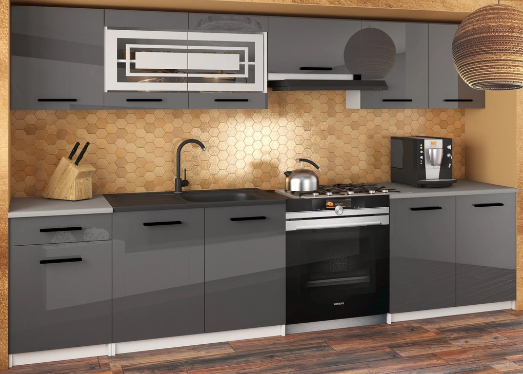 Kuchynská linka JUSTYNA 260 cm šedý lesk s pracovnou doskou