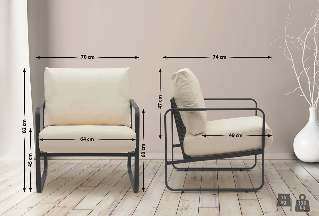 Design-Shop Kreslo Manea - koženka / kov - Krémová