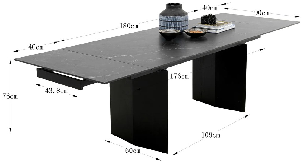 Novel rozkladací stôl čierny 180 (40+40)x90 cm