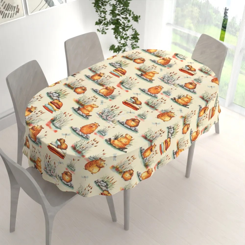 Biante Detský bavlnený oválny obrus Sandra SA-710 Kapybary na krémovom 50x100 cm