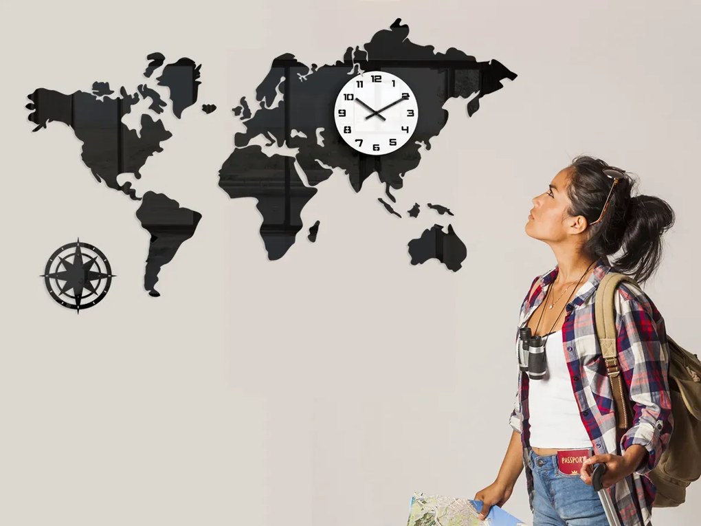 3D nalepovacie hodiny Continents čierno-biele