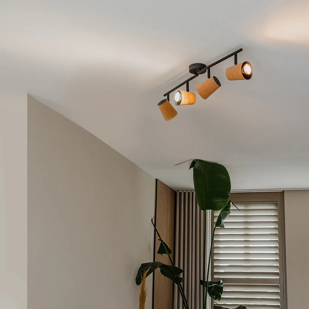 Stropné bodové svietidlo čierne s korkovým tienidlom 4-žiarovkové nastaviteľné - Corky