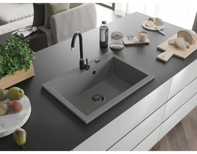 Mexen Elix, 1-korový granitový drez 700 x 500 mm, šedá, čierny sifón, 6526701005-71-B