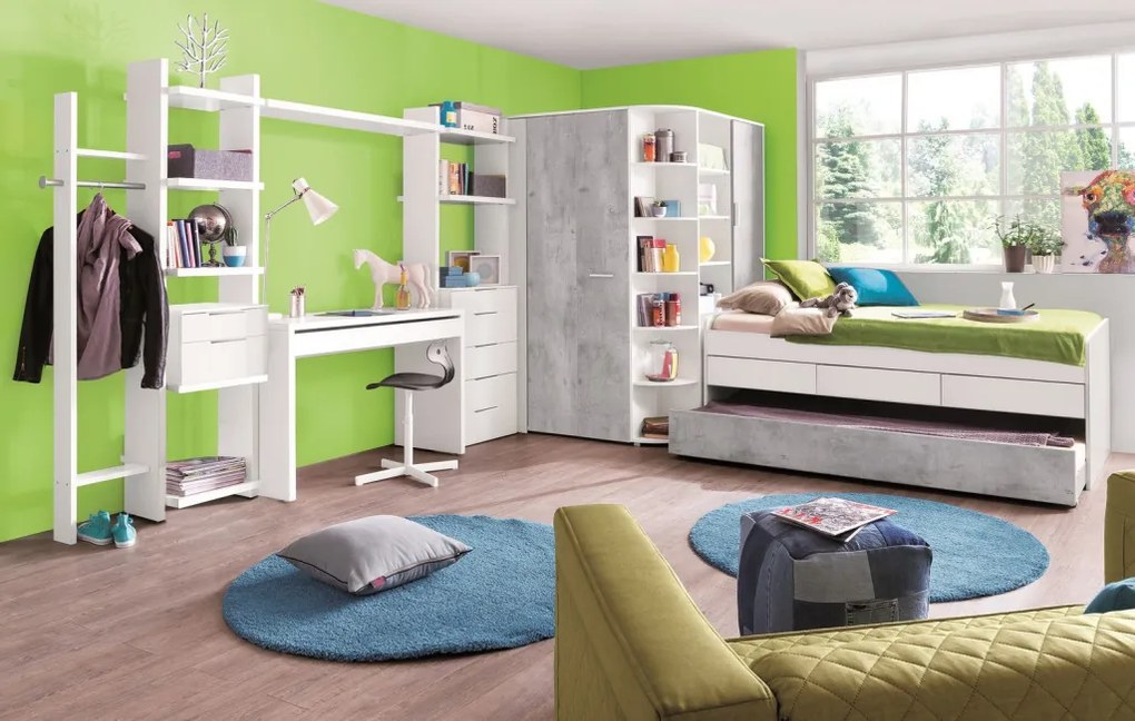 Rohová šatňa - Šatníková skriňa Joker, biela / sivý betón