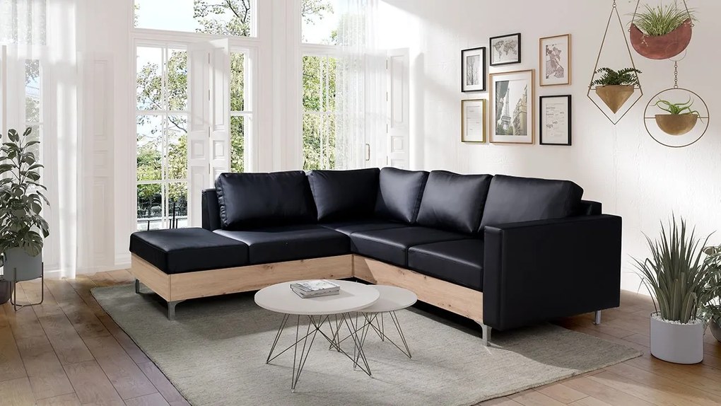 Rohová pohovka Hermes Wood, Farby: ekokoža Soft 011 (čierna), Farby nožičiek: dub monastery, Strana: ľavá