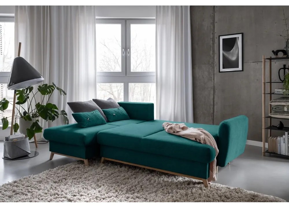 Tyrkysovomodrá rozkladacia/s úložným priestorom rohová pohovka (ľavý roh/s leňoškou) Scandic Lagom – Miuform