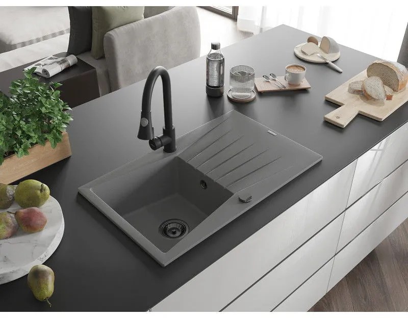 Mexen Cesar, 1-komorový granitový drez 775x470x190 mm a drezová batéria Elia, šedá, 6514-71-670101-70-B