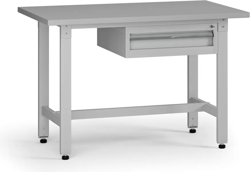 Výškovo nastaviteľný dielenský stôl G5, 1200 x 750 x 800-1000 mm, 1x kontajner, 1 zásuvka, sivá