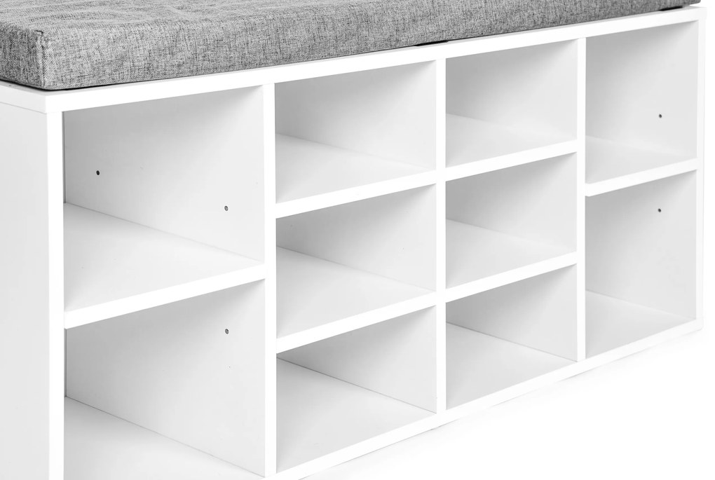 ModernHome Skrinka na topánky so sivým vankúšom, 10 bielych políc