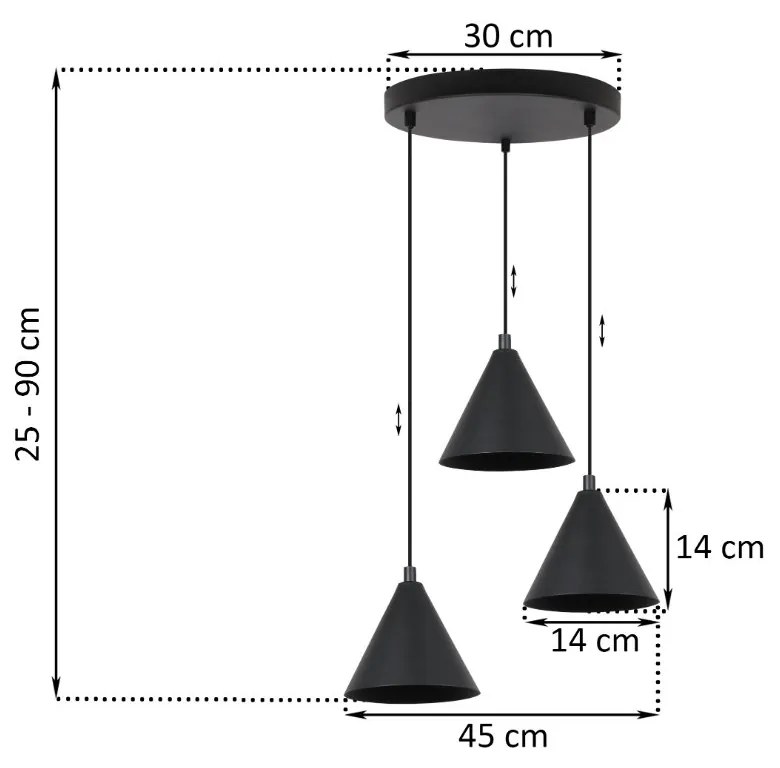 Závesné svietidlo Soho, 3x čierne kovové tienidlo, (fi 14cm), o