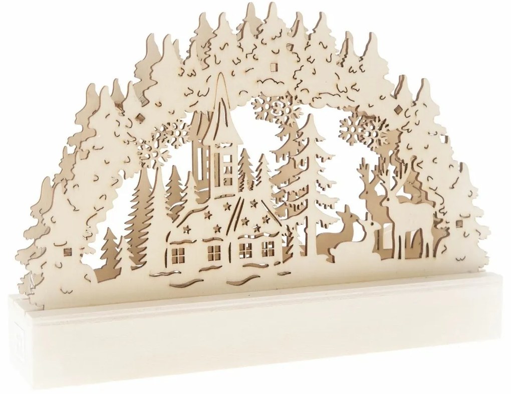 Vianočná drevená LED dekorácia Jelene a kostolík hnedá, 22 x 15 x 5 cm