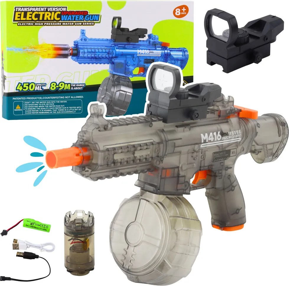 LEAN Toys Elektrická vodná pištoľ M416 podsvietený zameriavač 450 ml 8-10 m