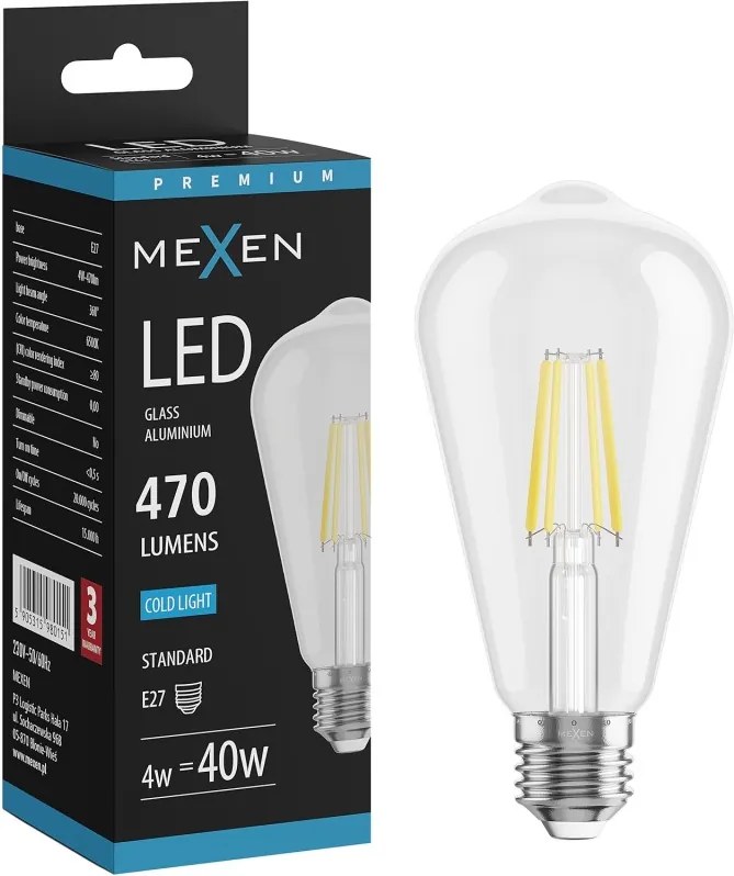 Mexen Vintis, LED filamentová žiarovka E27, ST64, 4 W, studená biela 6500K, číra, L152-E27-0465-00