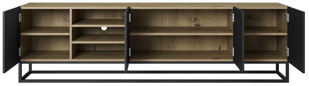 RTV skrinka Asha 200 cm ryhovaná s výklenkom a kovovým rámom - dub artisan / čierny mat