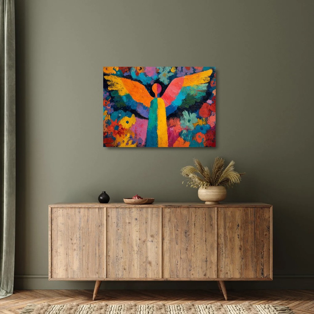 Sklenený obraz - Abstraktný anjel s kvetmi (70x50 cm)