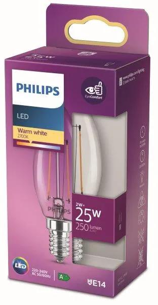 Philips 8718699777531 LED vláknová žiarovka E14, 2W, 250lm 2700K, priehľadná, sviečka