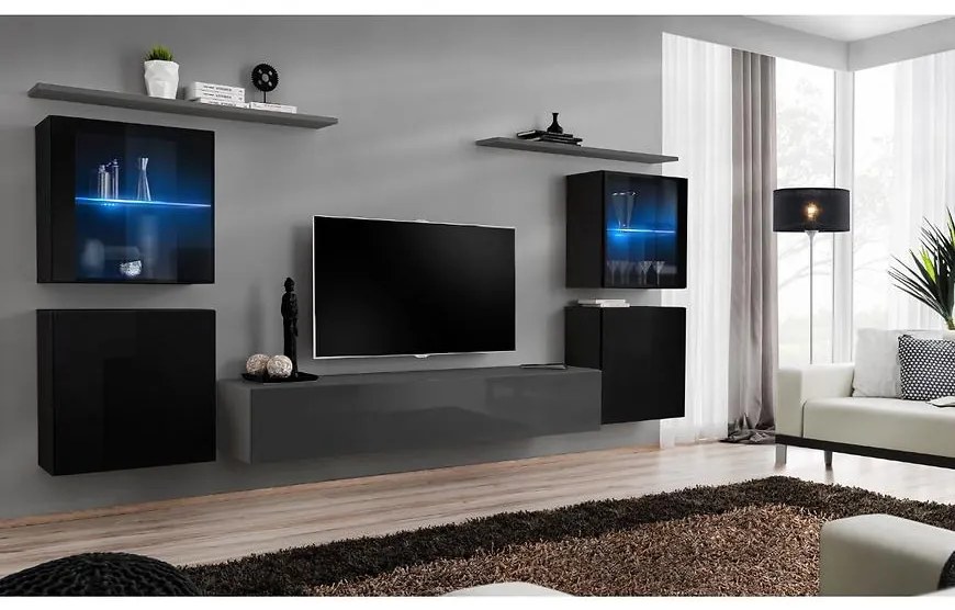 Obývacia stena Switch Sklo +LED XIV čierna /Grafit