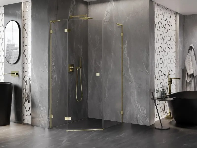 Mexen Lunar, L päťuholníkový sprchový kút naklápací doľava 80 x 90 cm, 8mm číre sklo, zlatý profil, 831L-080L-090P-50-00-L