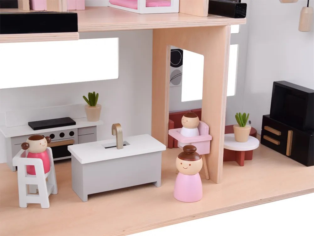 JOKOMISIADA Moderný drevený domček pre bábiky v štýle LOFT + bábiky a nábytok ZA5073