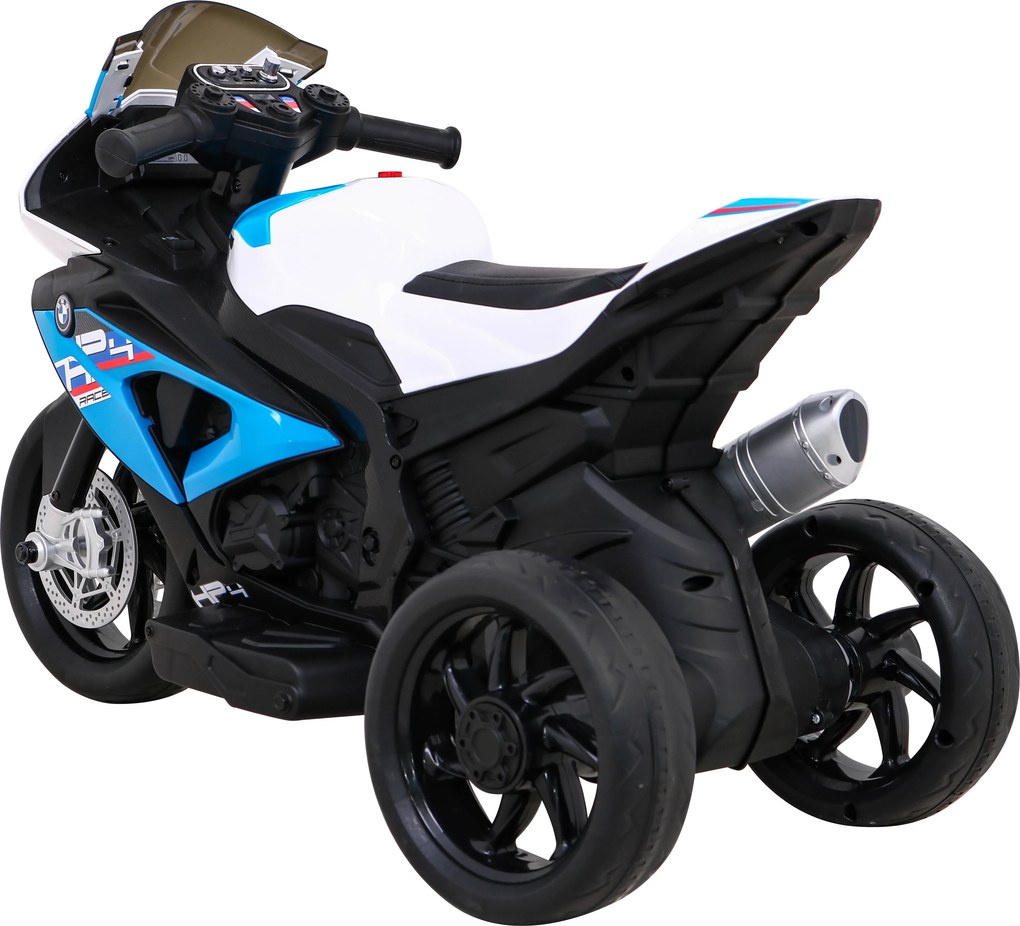 Ramiz BMW HP4 detský motocykel na batérie modrý + 3 kolieska + LED + MP3 USB + ekokoža