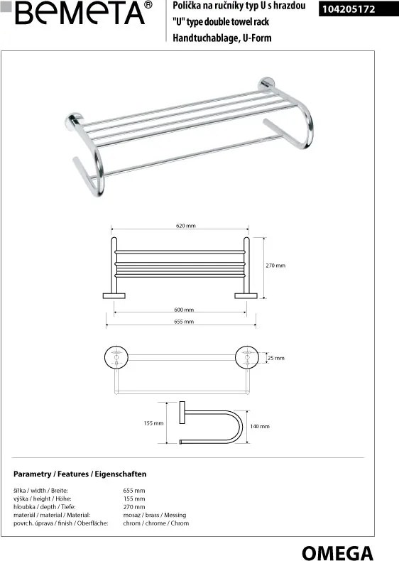 Bemeta Design OMEGA: Držiak uterákov, 600 mm, s hrazdou - 104205172
