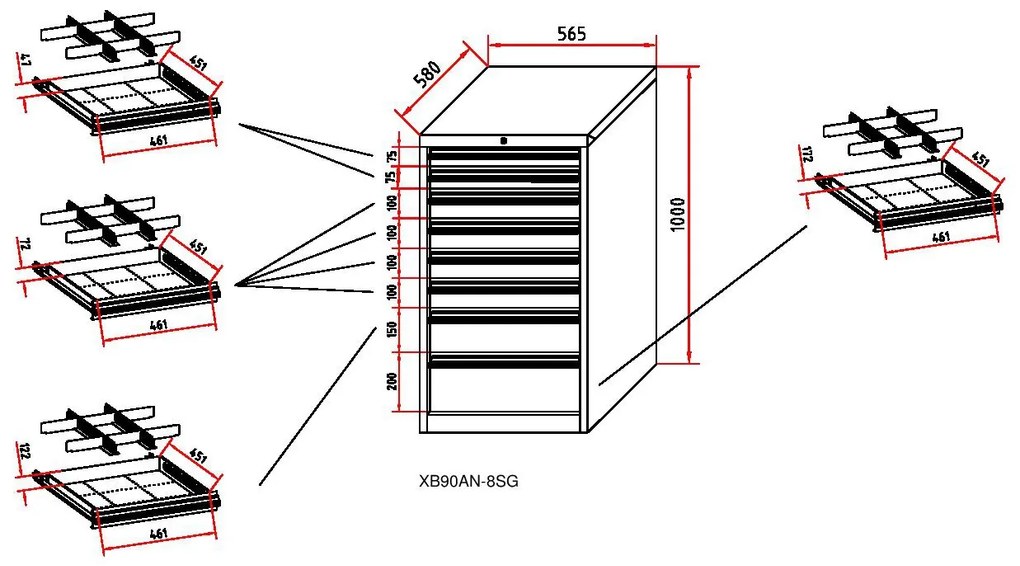 Dielenská zásuvková skriňa na náradie WL/BL, 8 zásuviek, 565 x 580 x 1000 mm