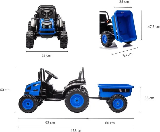 Elektrický traktor s prívesom Farmer modrý