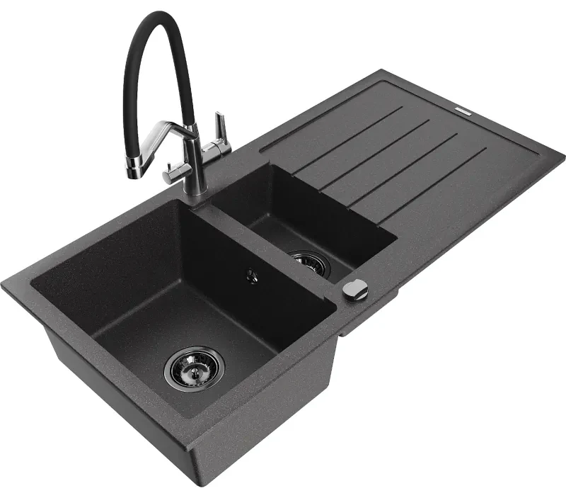 Mexen Andres, granitový drez 1000x500x200 mm, 1,5-komorový a drezová batéria Duo, čierna škvrnitá, 6515-76-671701-07-B