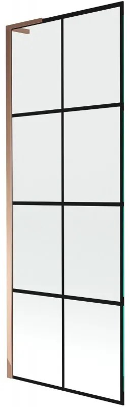Mexen Next L, 1-krídlová vaňová zástena 70 x 150 cm, 6mm číre sklo-čierny vzor, ružové zlato profil, 895-070-000-03-77-60