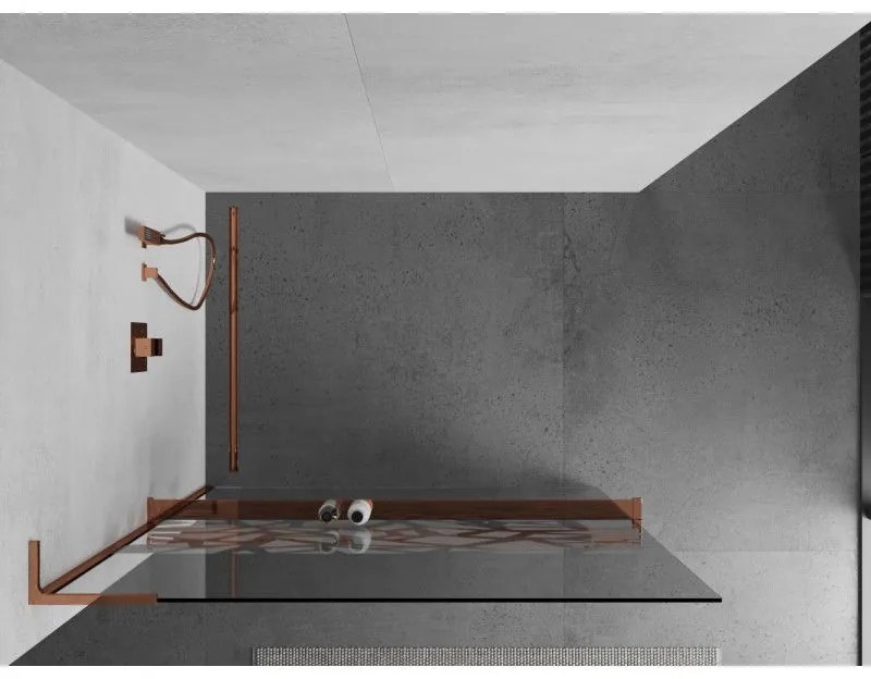 Mexen Kioto+ L, sprchová zástena Walk-In s poličkou a vešiakom 90 x 200 cm, 8mm číre sklo biely vzor, ružové zlato profil, 800-090-123-60-85
